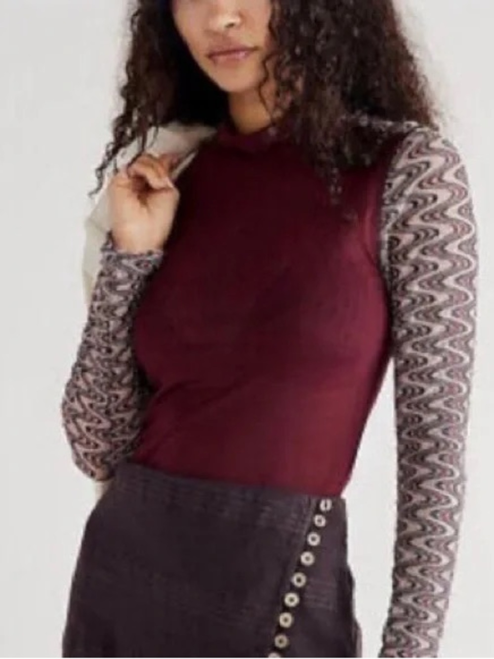 Free People Long Sleeve Mixed-Print Top in Burgundy and Multi